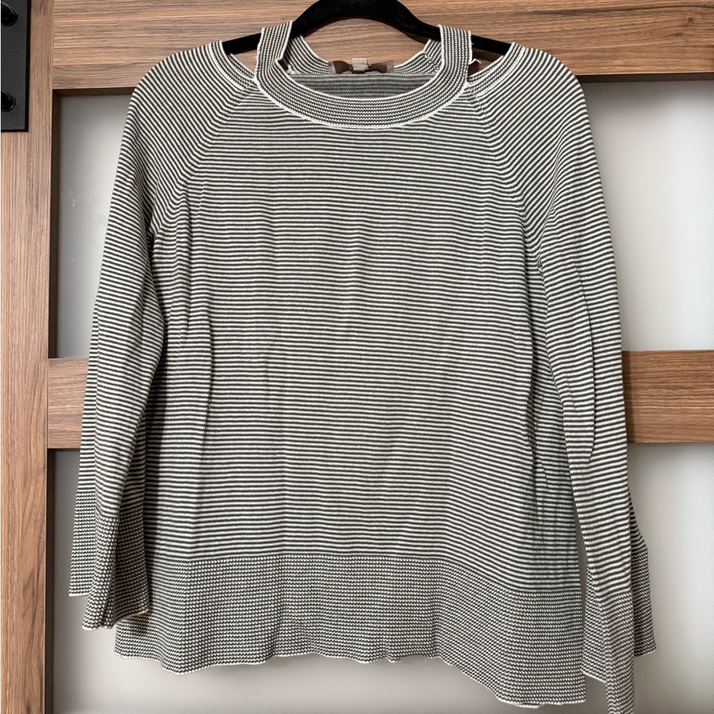 LOFT Cream and Green Striped Long Sleeve Top